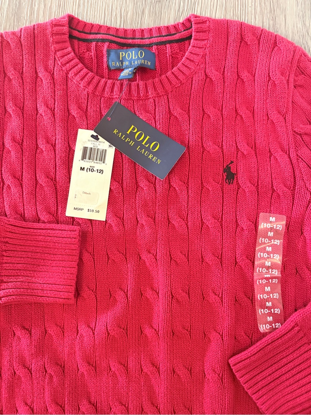 Boy's Polo Ralph Lauren SOLID RED COTTON CABLE Knit Sweater Boys 10-12 NAVY PONY - Picture 2 of 4